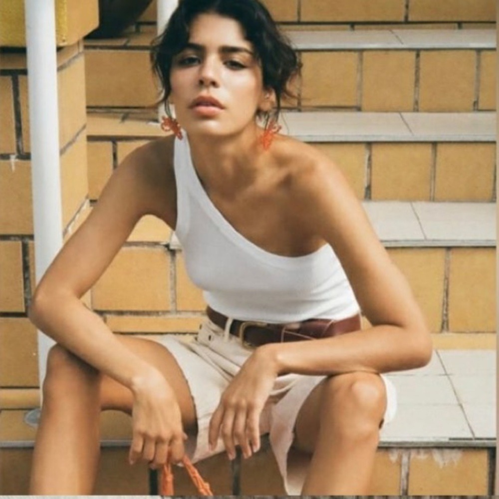 Zara One Shoulder Ribbed Tank Top Women L White